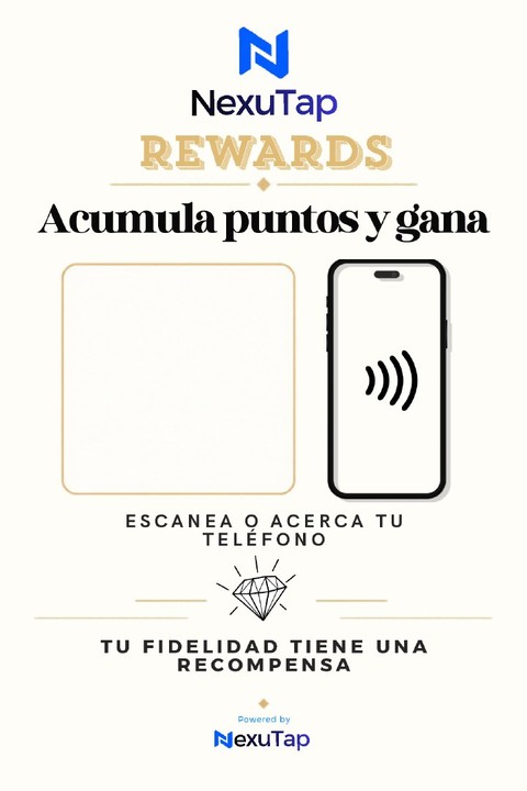 Diseño claro NexuTap Rewards con detalles dorados y espacio para el QR del club