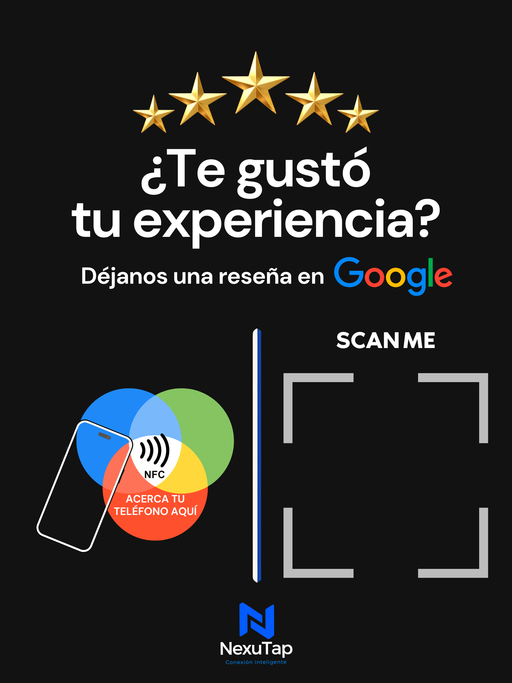 Tarjeta negra NexuTap para reseñas de Google con NFC y espacio para QR bajo el texto SCAN ME